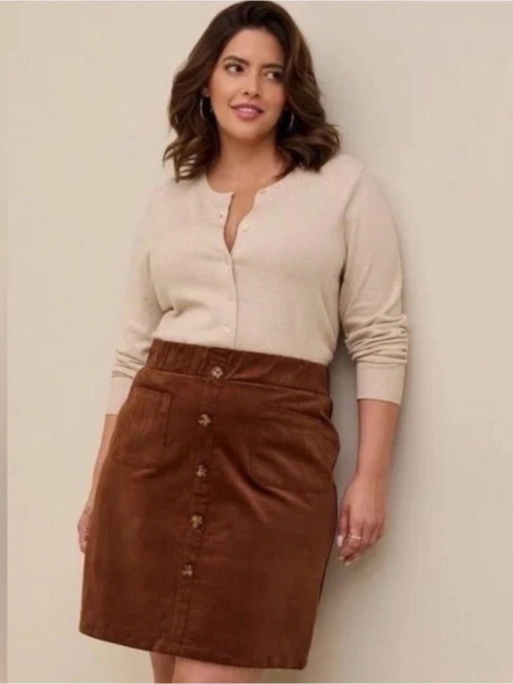 torrid Brown Corduroy Faux Button-Front A-Line Skirt. Size 1